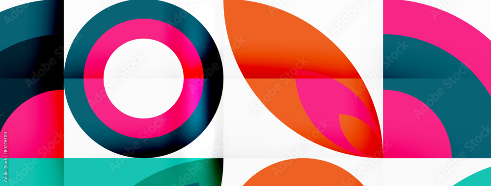 A vibrant geometric pattern featuring circles and squares in various tints and shades, set against a white background, showcasing the beauty of colorfulness in visual arts and graphics