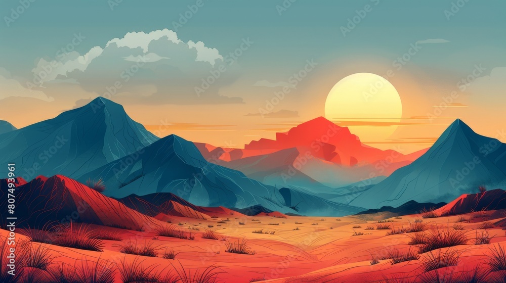 The moon over a desert mountain landscape at sunset. 