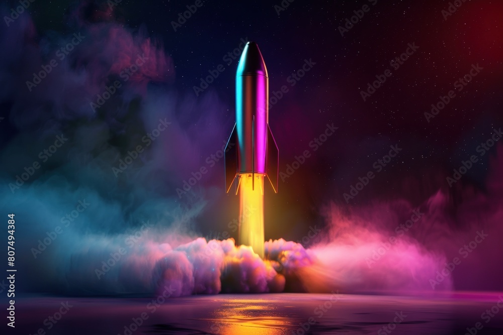 Vibrant neon colors, rocket ship launch with smoke and glittering lights.