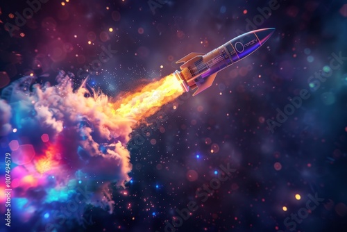 Vibrant neon colors, rocket ship launch with smoke and glittering lights.