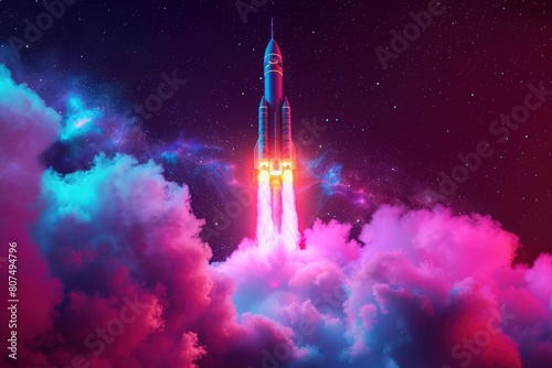 Vibrant neon colors  rocket ship launch with smoke and glittering lights.