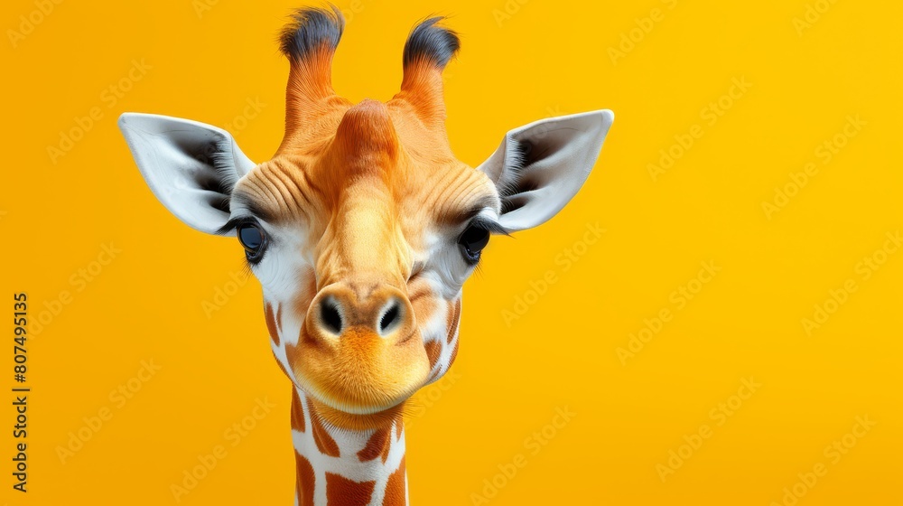 A playful giraffe with big eyes curiously peeks over a bright colored edge, Ai Generated