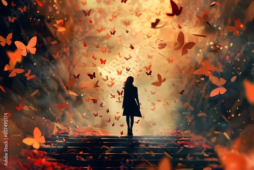 A Young Woman s Journey Through a Symmetry of Autumn Butterflies in Concept Art