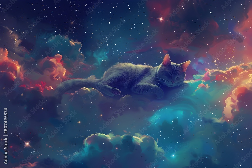 Fototapeta premium Curious Cat Orbiting in a Vibrant Galactic Wallpaper