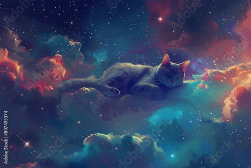 Curious Cat Orbiting in a Vibrant Galactic Wallpaper