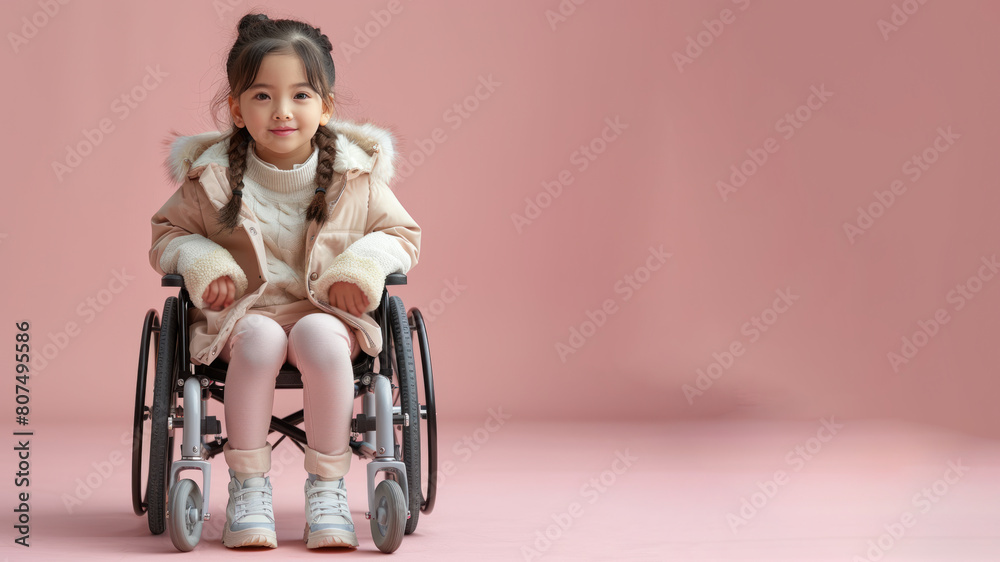 Chinese disabled girl sitting in wheelchair isolated on pastel background