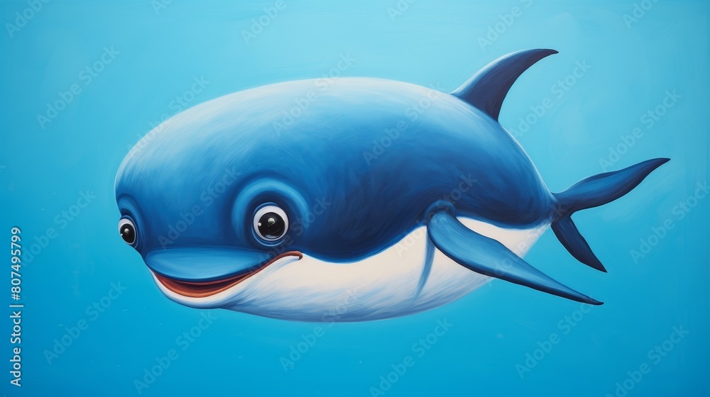 Fototapeta premium A playful whale with big eyes curiously peeks over a bright colored edge, Ai Generated