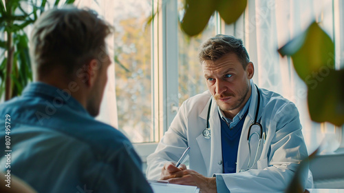 Appointment with a doctor, a doctor in a white coat sits at a table in his office and communicates with a male patient. photo