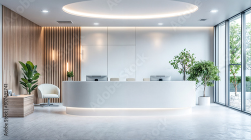 Modern office with white reception desk and green plants. Bright reception.