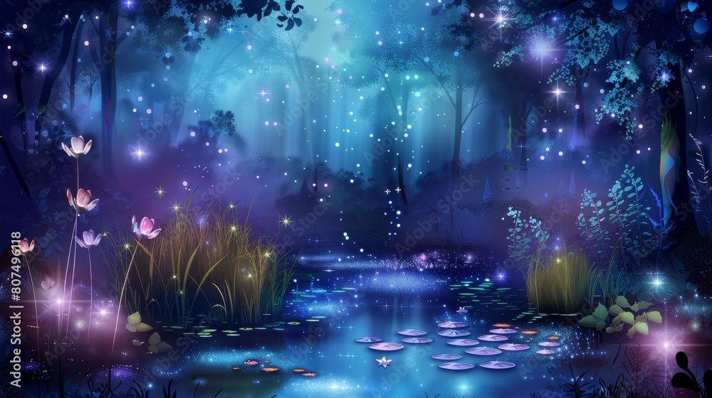 A fantasy landscape depicting a magical forest at night, illuminated by enchanting lights, Ai Generated A fantasy landscape depicting a magical forest at night, illuminated by enchanting lights, Ai Generated