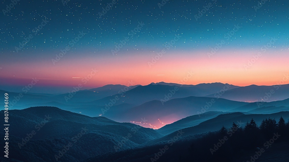 panoramic mountains outline against a twilight sky, illuminated by the soft glow of stars and distant city lights