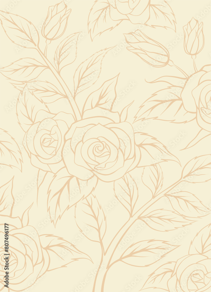 Seamless pattern background of vintage pastel-colored line art roses and leaves, retro floral pattern with roses
