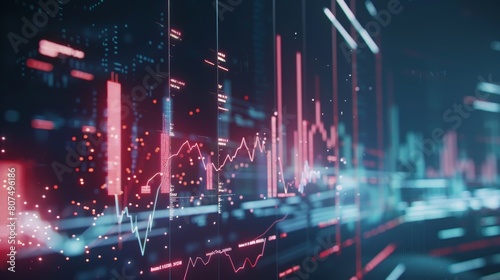 Financial digital graphs with glowing lines and diagrams displayed on a digital screen, Ai Generated