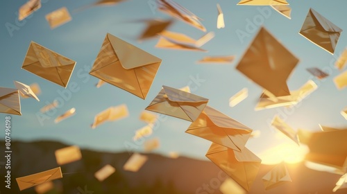 Envelopes flying through the air, symbolizing letters being sent to their addressees, Ai Generated photo