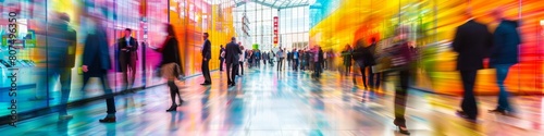 blurred businesspeople walking at a trade fair, conference or walking in a modern hall
