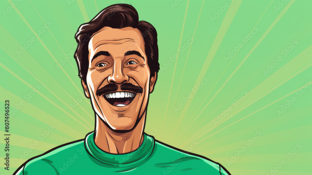A man with a mustache is smiling and wearing a green shirt A man with a mustache is smiling and wearing a green shirt