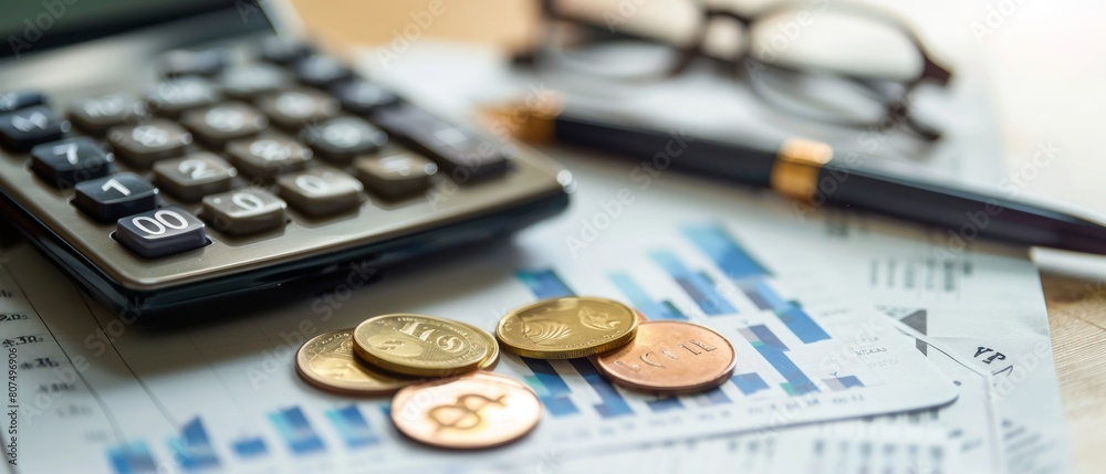 Financial analysis with coins, calculator, and business charts. Financial analysis with coins, calculator, and business charts.