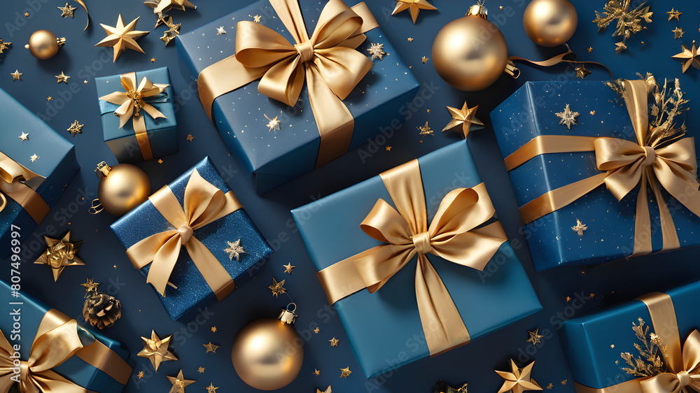 blue gifts with golden bows and ribbons placed on blue background near stars blue gifts with golden bows and ribbons placed on blue background near stars