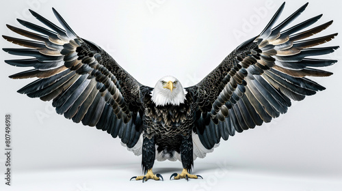  A majestic bald eagle spreads its wings against a white background