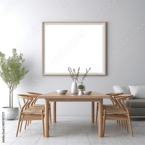 Blank picture frame in white dining area mockup, table and chairs and plant. © ART IMAGE DOWNLOADS
