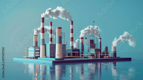 Industrial skyline Factory chimneys belching smoke over calm waters photo