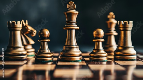 Chess pieces on a chessboard with a dark background, signifying strategy and tactics for winning, Ai Generated
