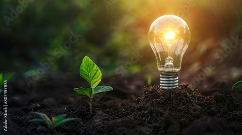 A light bulb filled with soil and a green plant sprout inside, Ai Generated