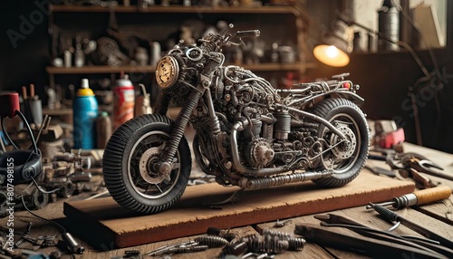 An exquisitely detailed steampunk motorcycle model, assembled with various gears and parts, displayed on a workshop table.