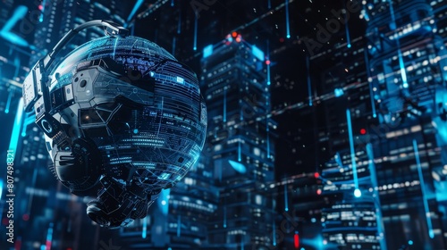 A futuristic background featuring a VR helmet alongside a city hologram, Ai Generated