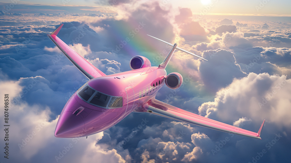 Luxury pink private jet flying above the sea of clouds and rainbow. Summer holiday theme background