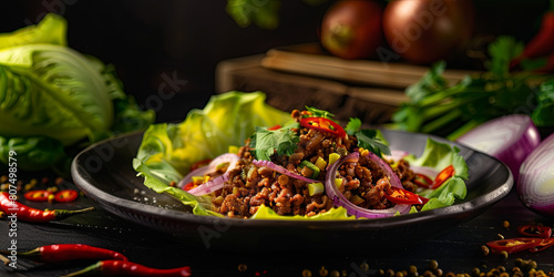 a lettuce leaf filled with a sweet and sour mince salad, surrounded by slices of red onion, chili peppers and coriander leaves, on a dark plate, generative AI