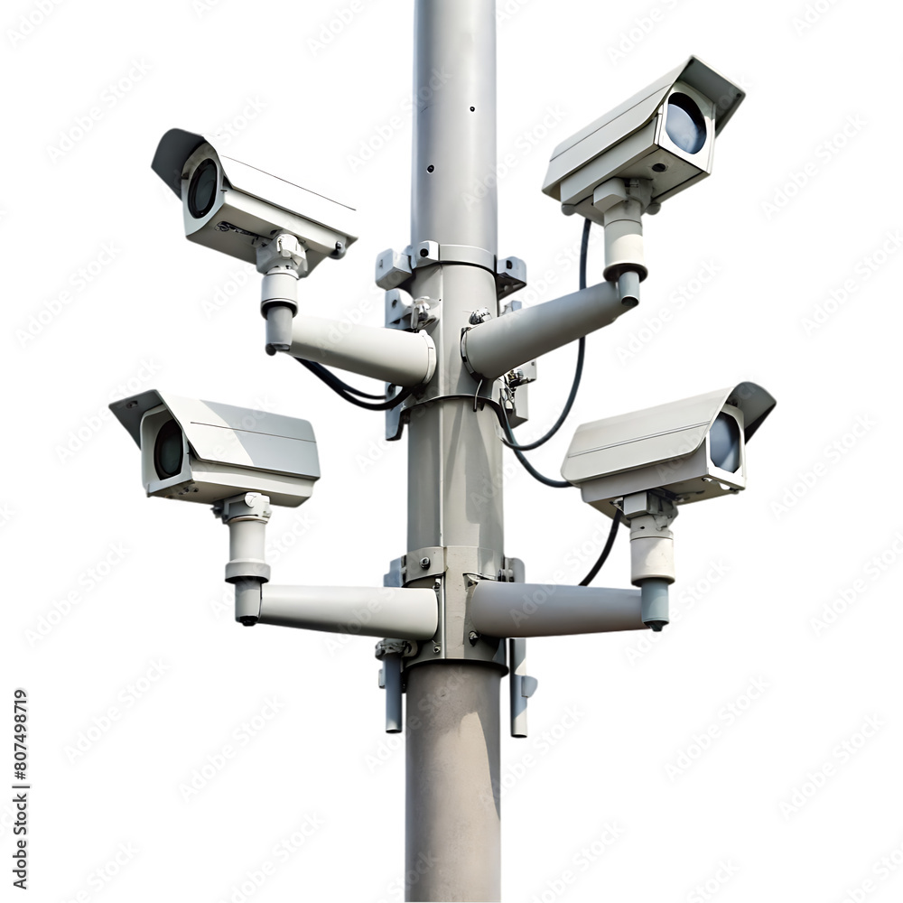 Cctv cameras on isolated poles in a tech setting Cctv cameras on isolated poles in a tech setting