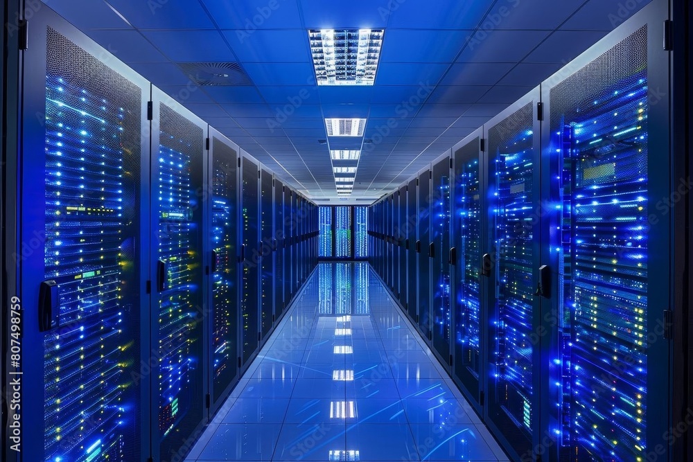 Hightech server room visualization, representing realtime data processing and storage Hightech server room visualization, representing realtime data processing and storage