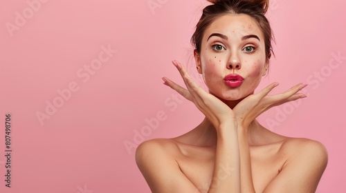 pretty cute lady accepting stretching marks skin empty space isolated pink color background 