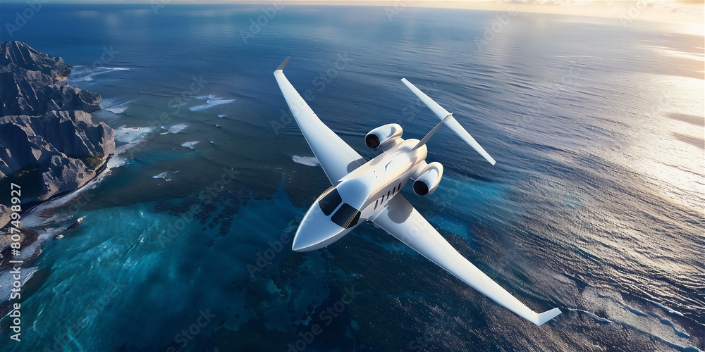 Obraz premium Luxury private jet flying above the sea. Summer holiday theme background