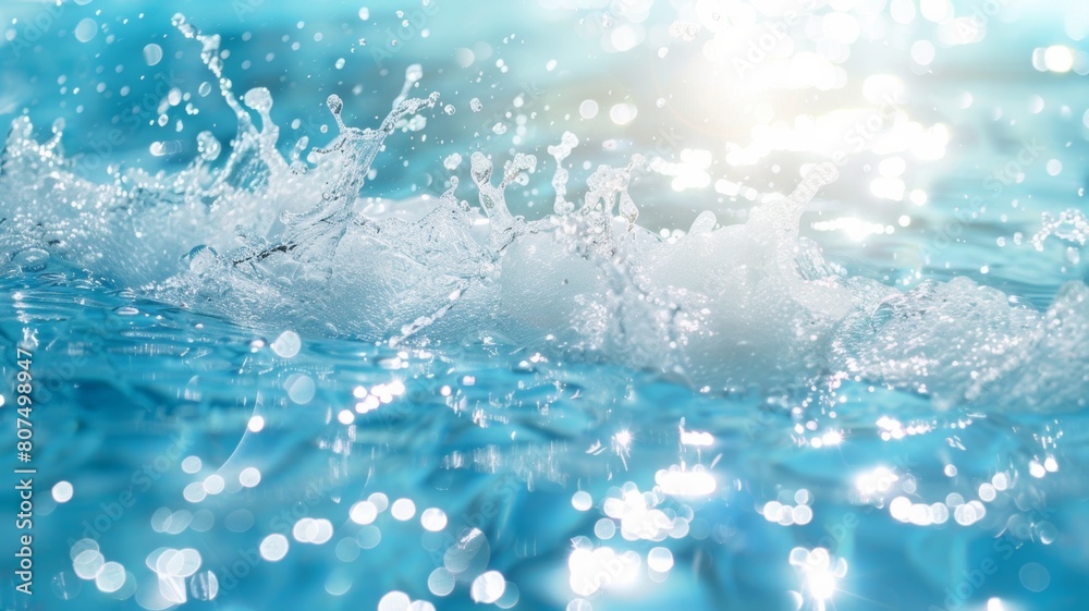bright side view of a pool water surface with a splash in the water. Beautiful abstract background concept banner.