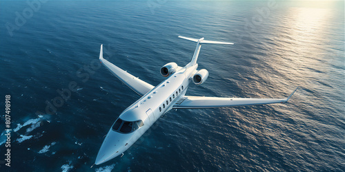 Luxury private jet flying above the sea. Summer holiday theme background