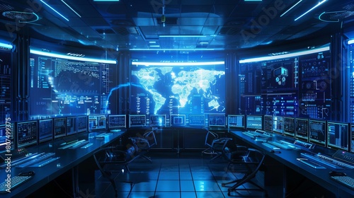 Modern network operation center with blueprints and digital interfaces emphasizing network management photo
