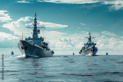 Modern military navy ships in the sea, blue sky with clouds background.