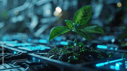 Organic interaction with technology, showing a plant growing amidst digital hardware, symbolizing biotech fusion