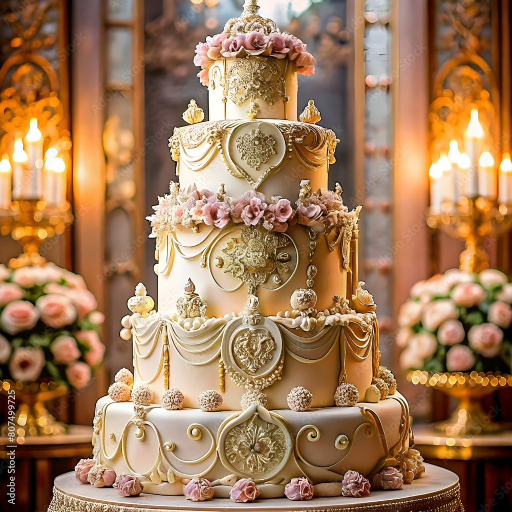 Obraz premium view of beautifully ornate weeding cake