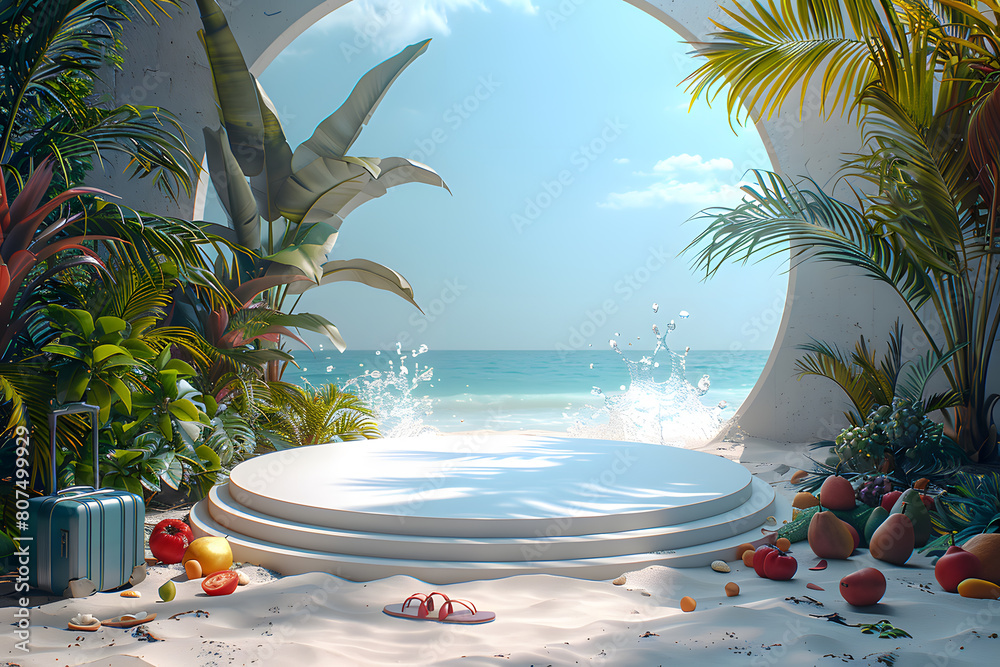 Obraz premium Empty stylish beach podium 3D mockup background for beauty product presentation concept. Summer copy space platform surrounded by palm leaves . Cosmetics, perfume or home goods sales advertising stand