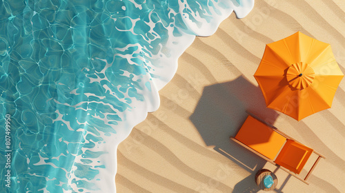 Top view beach background with umbrellas,balls,swim ring,sunglasses,surfboard, hat,sandals,juice,starfish and sea. aerial view of summer beach in paper craft style.paper cut and craft style. vector.