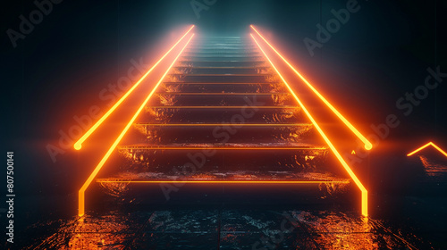  Neon stairs glowing softly in the darkness, their ethereal illumination casting a warm and inviting glow that beckons viewers to ascend into the unknow photo