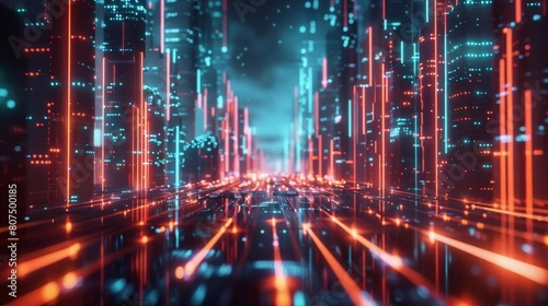 Visualization of data traffic in a digital city, with neon lights representing the flow of information