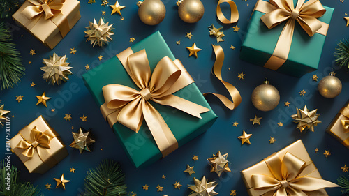 green gifts with golden bows and ribbons placed on blue background near stars