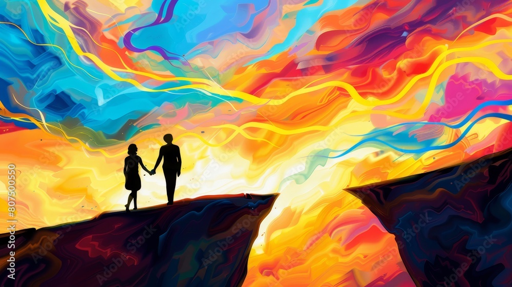 Fototapeta premium A couple in love walking together in a surrealistic landscape, Ai Generated