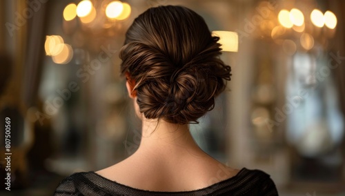 A refined updo with intricate knotting, capturing timeless charm in monochromatic simplicity.