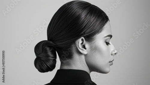 A refined low ponytail with a twist, exuding understated charm in black and white contrast.