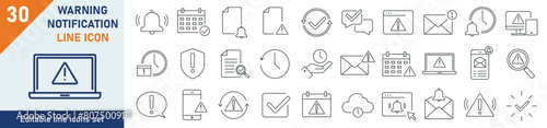 Warning icons Pixel perfect. Warning business icon set. Set of 30 outline icons related to warning, alarm, nothification, time. Linear icon collection. Editable stroke. Vector illustration.